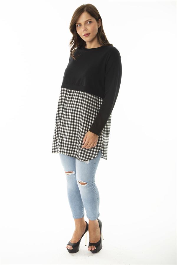 Kadın Büyük Beden Siyah Alt Kısmı Ekose Desen Ve Düğmeli Tunik 65N36961