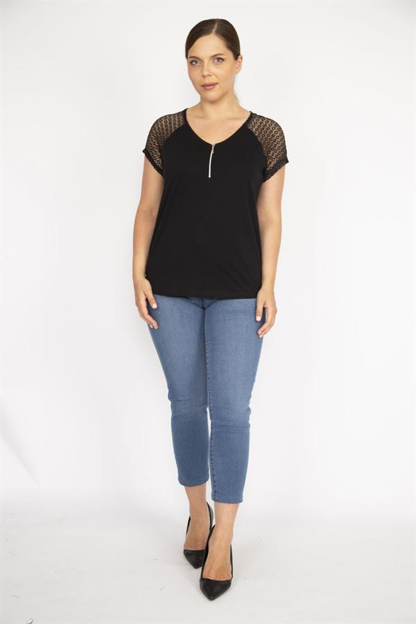 Kadın Beyaz Büyük Beden Pamuklu Kumaş Ön Pat Fermuarlı Kolları Dantel Bluz