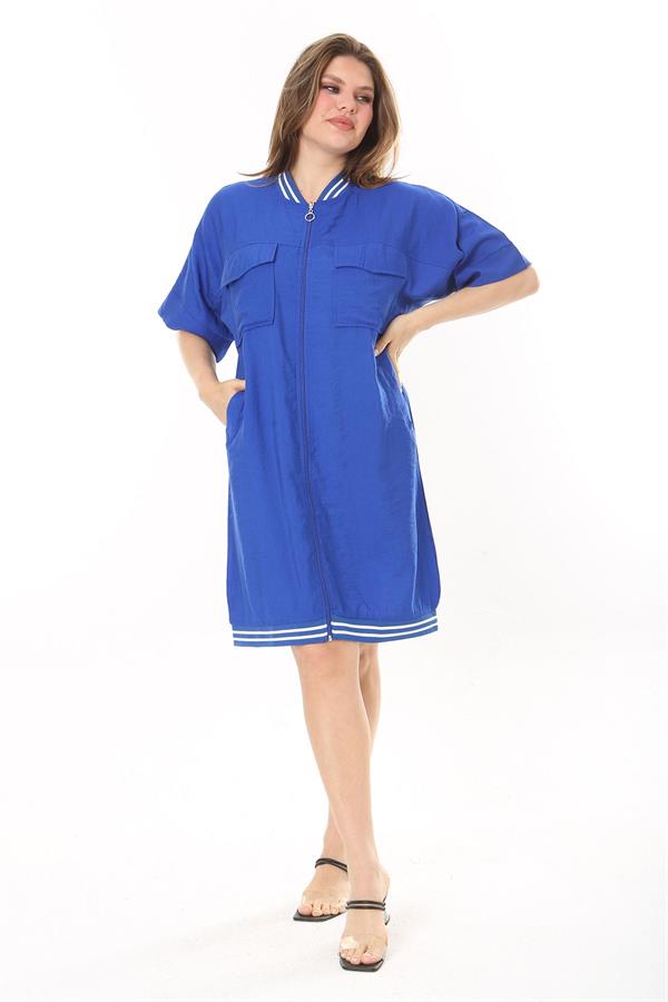 Kadın Büyük Beden Nar Ön Fermuarlı Ribana Detaylı Aerobin Kumaş Elbise 65N37880