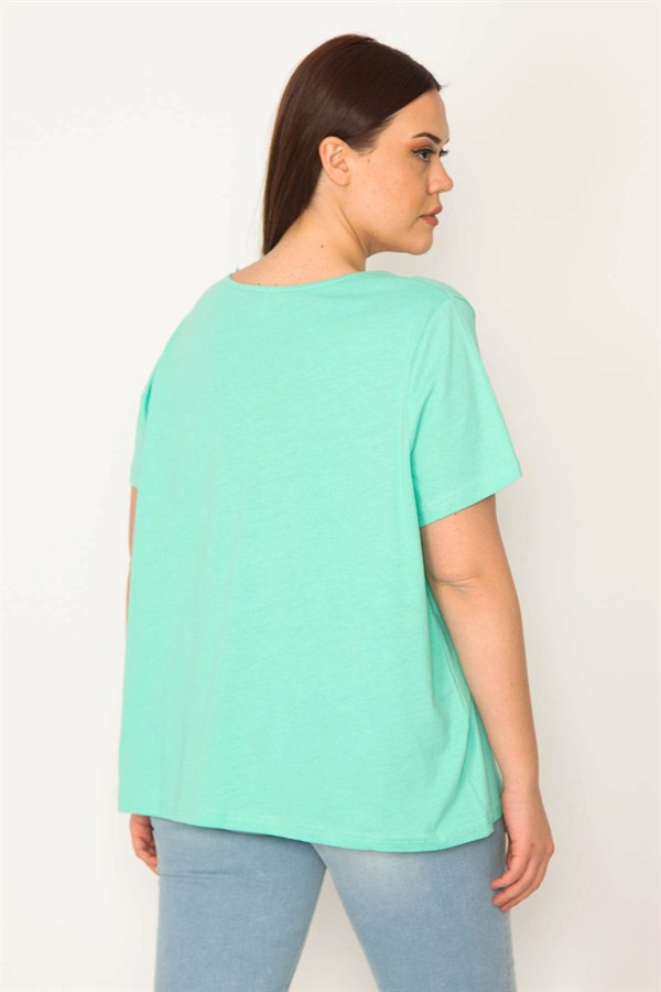 KADIN YEŞİL TAŞ BASKILI V YAKALI BLUZ