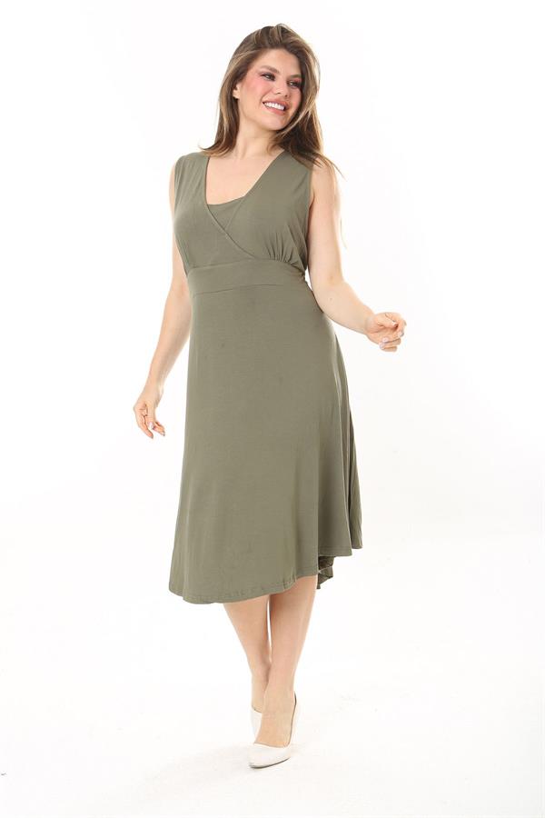 Kadın Haki Anvelop Yakalı Arka Bel Lastikli Kolsuz Likralı Viskon Elbise 65N37872