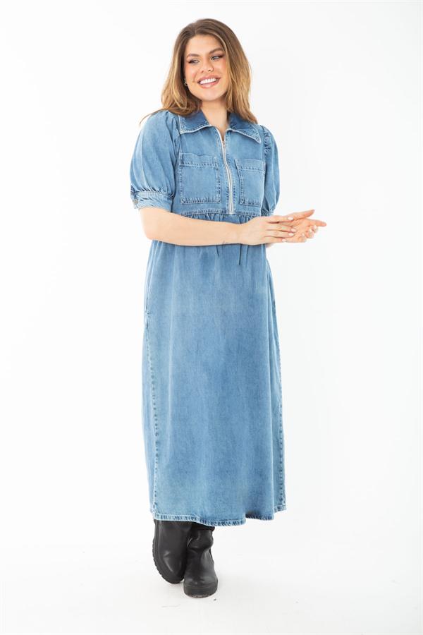 Kadın Büyük Beden Mavi Ön Pat Fermuarlı Kot Elbise 65N37377