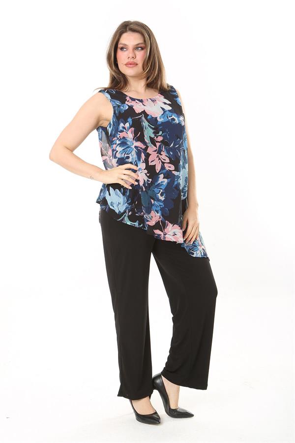 Kadın Büyük Beden Lacivert Şifon Pelerinli Tulum 65N37909