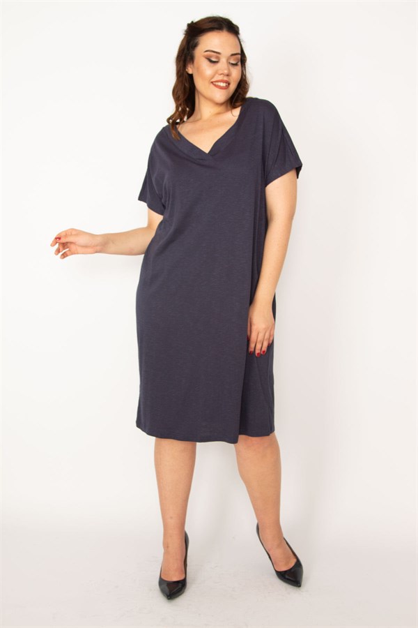Kadın Lacivert V Yaka Düşük Kollu Elbise 65N33358