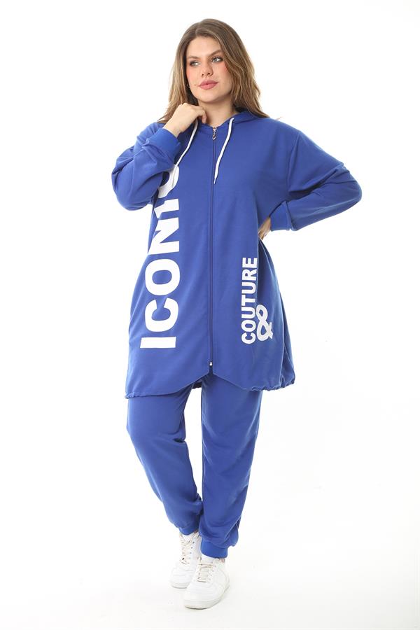 Kadın Büyük Beden Gri Baskı Ve Fermuar Detaylı Kapşonlu Sweatshirt Pantolon Takım 65N37128