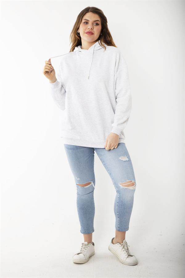 Women's Plus Size Gray Three-Thread Hooded Sweatshirt with Back Print 65N37204