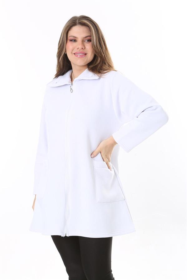 Kadın Büyük Beden Beyaz İçi Şardonlu Ön Fermuarlı 3 İplik Ceket 65N37788