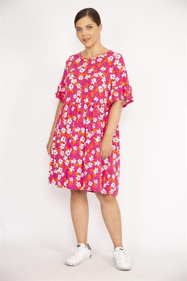 Kadın Büyük Beden Renkli Bisiklet Yakalı Volan Kollu Belden Büzgülü Elbise