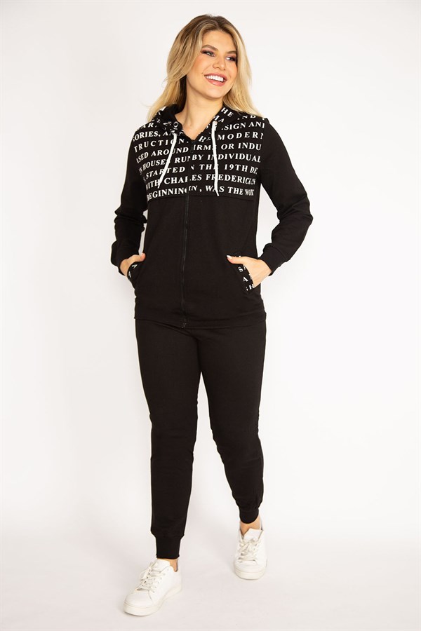 Kadın Siyah Fermuar Ve Kapşon Detaylı Baskılı Eşortman Takım 65N34841
