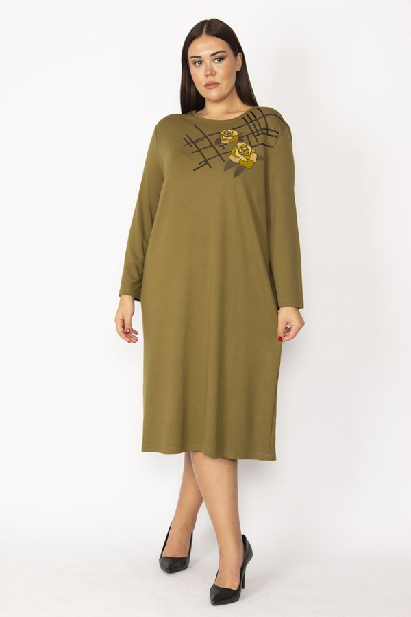 Kadın Haki Nakış Ve Payet Detaylı Uzun Kollu Elbise 65N28729