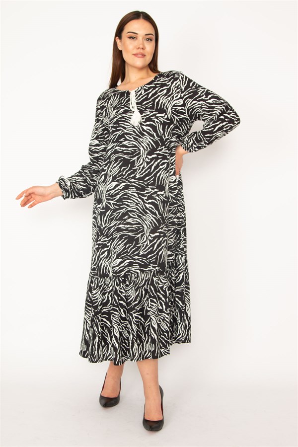 KADIN ORANJ DOKUMA VİSKON KUMAŞ UZUN KOLLU KATLI ELBİSE