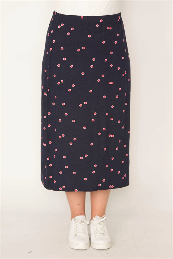 KADIN LACİVERT BEL LASTİKLİ DESENLİ ETEK