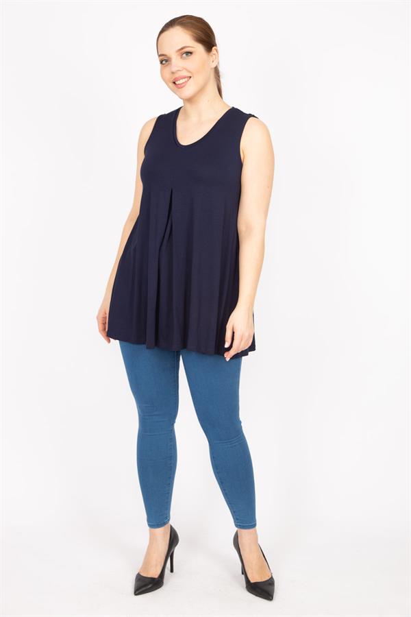 Kadın Lacivert Büyük Beden Önü A Pileli Bluz