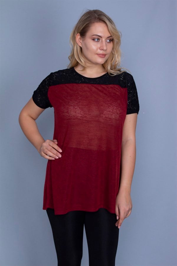 Kadın Bordo Roba Dantel Detaylı Düşük Kollu Bluz 65N25838