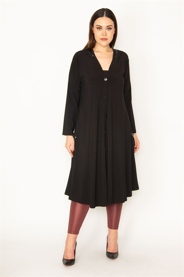 Kadın Siyah Sandy Kumaş Payet Detaylı Ön Düğmeli Kapşonlu Kap 65N31703