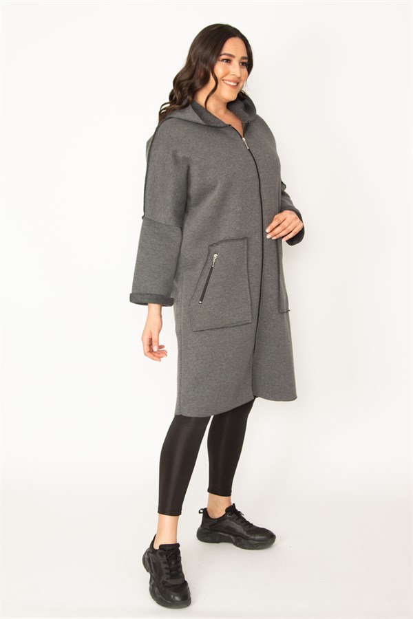 Kadın Füme Fermuar Ve Kapşon Detaylı Kaban 65N28345