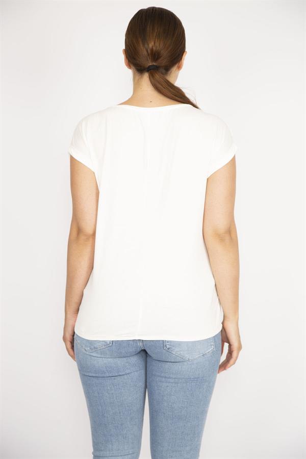 Kadın Kemik Büyük Beden Önü Dantelli Düşük Kollu Bluz