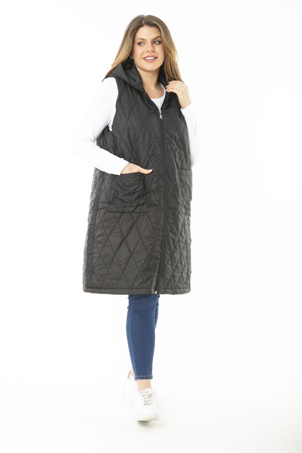 Kadın Büyük Beden Haki Ön Dermuarlı Kapşonlu Kapitone Astarlı Uzun Mont 65N37107