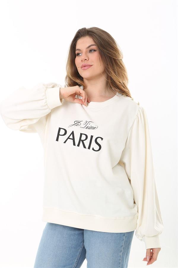Kadın Büyük Beden Kemik Omuz Büzgülü Nakış Ve Süs Düğme Detaylı Sweatshirt 65N37526
