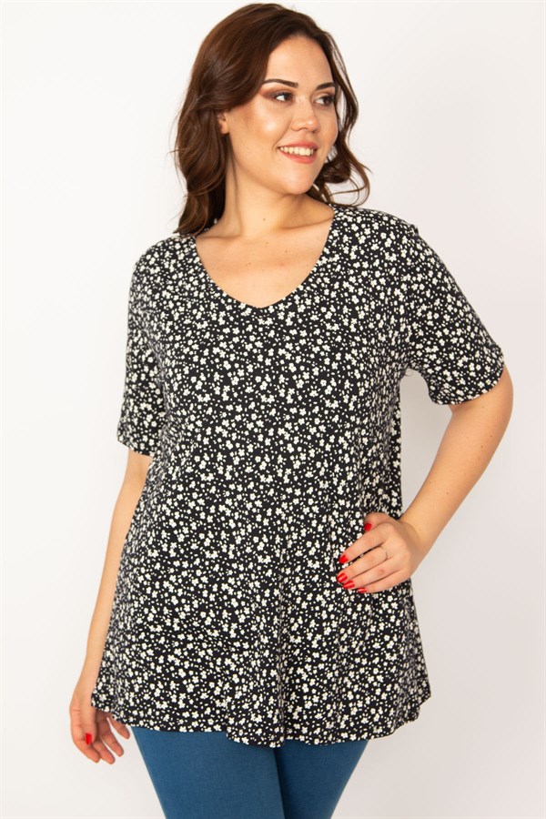 Kadın Siyah V Yakalı Çiçek Desenli Bluz 65N33538