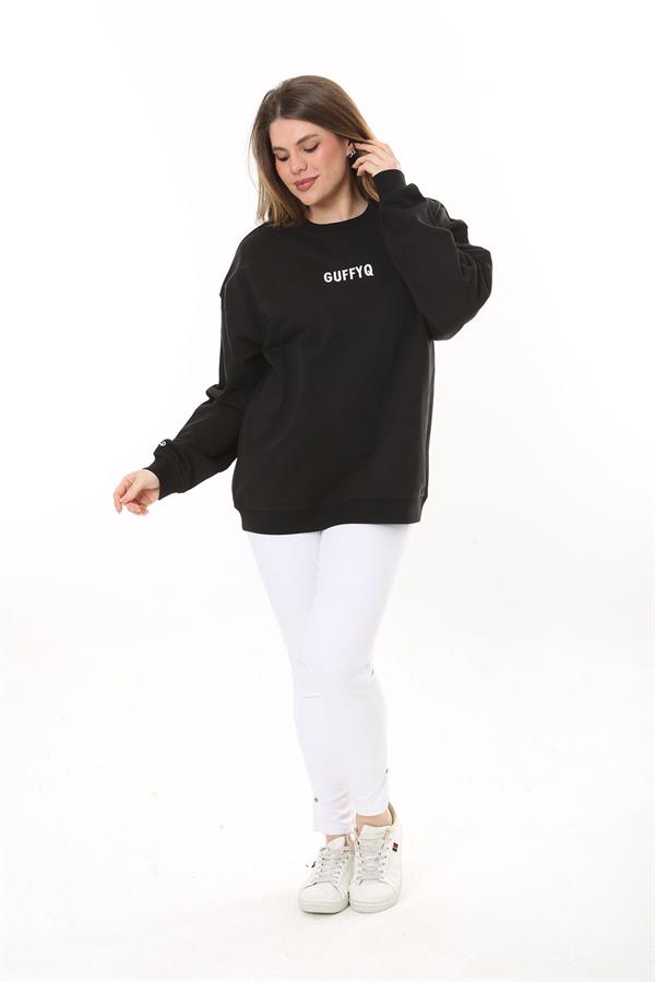 Kadın Büyük Beden Siyah Pamuk Kumaş Nakış Yazılı Sweatshirt 65N37616