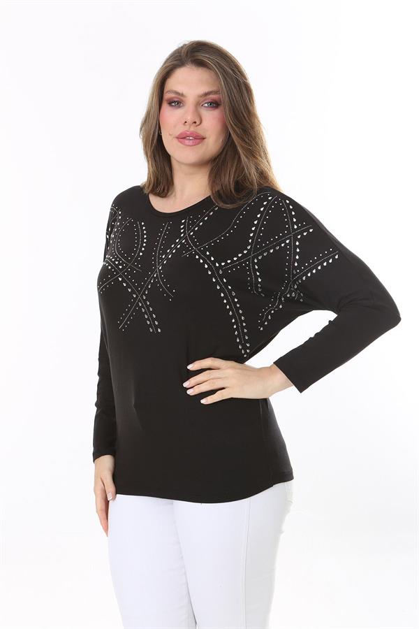 Kadın Büyük Beden Siyah Taş Detaylı Yarasa Kol Bluz 65N37804