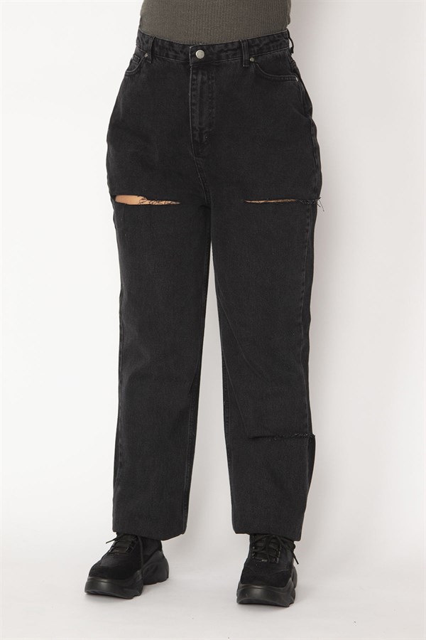 Kadın Siyah Yırtık Detaylı Geniş Basen Kot Pantolon 18N29207