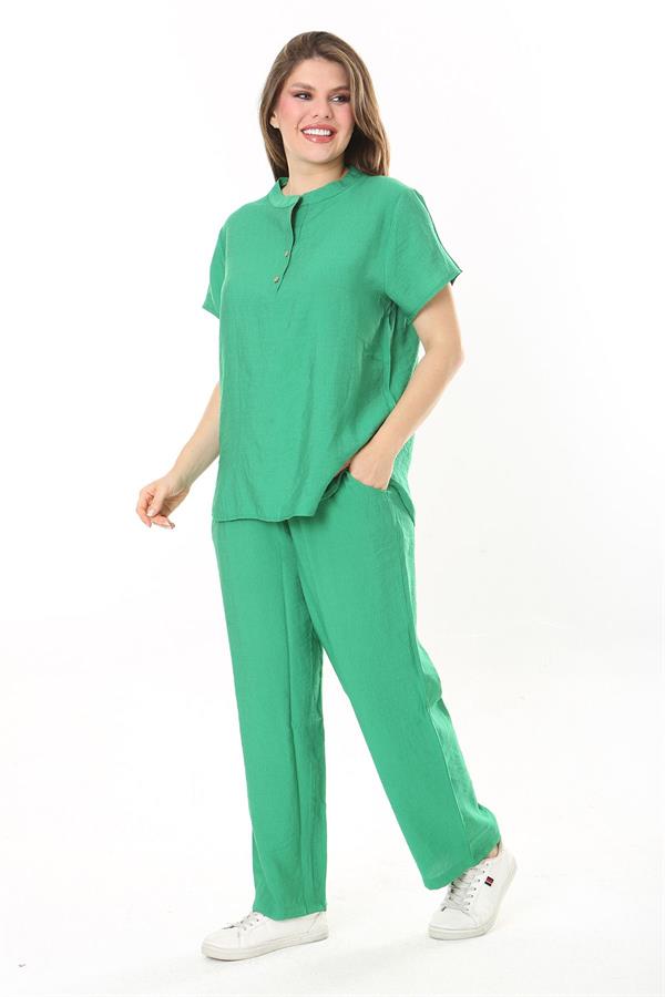 Kadın Büyük Beden Nar Ön Pat Düğmeli Tunik Ve Pantolon İkili Takım 65N37879