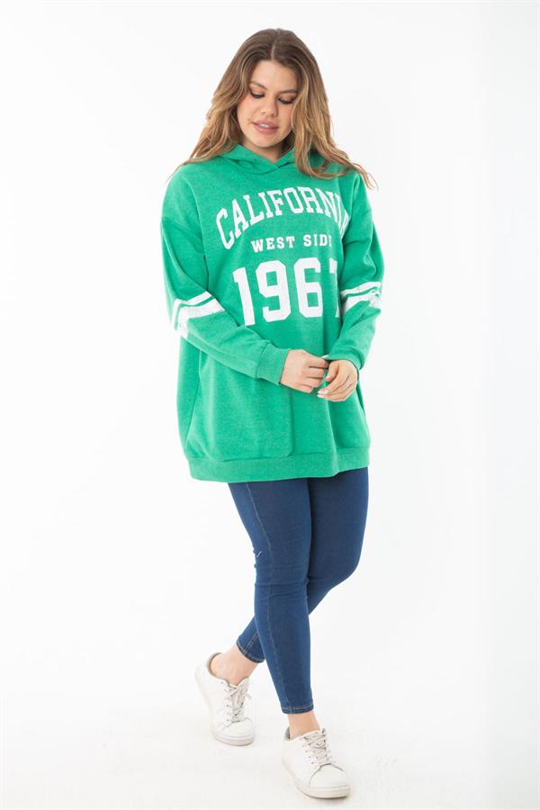 Kadın Büyük Beden Haki İçi Şardonlu Üç İplik Kapşonlu Sweatshirt 65N37290