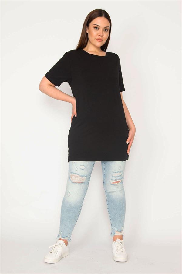 Kadın Siyah Büyük Beden Bisiklet Yakalı Kısa Kollu Oversize Bluz