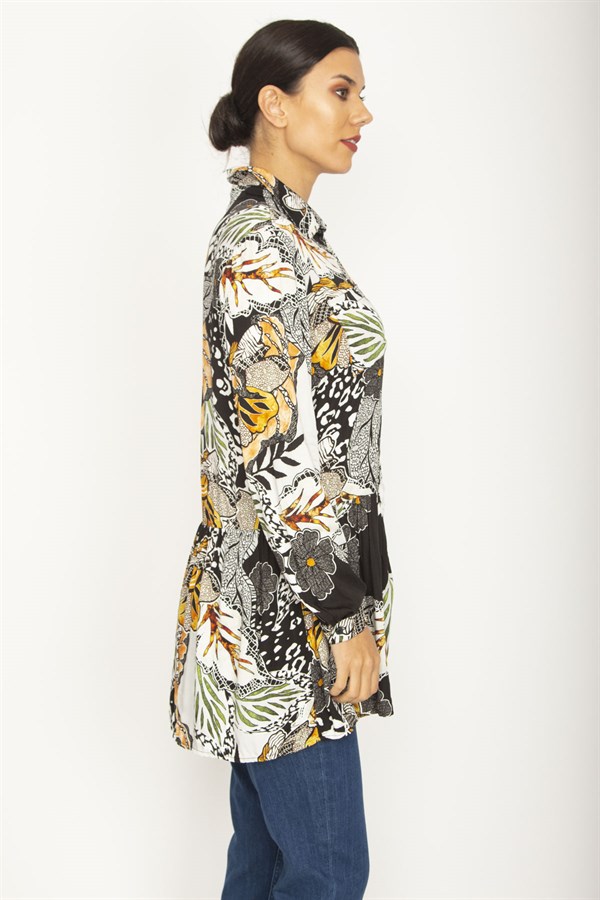 WOMEN'S COLORFUL FLORAL PATTERNED SHIRT WITH HEM DETAILED