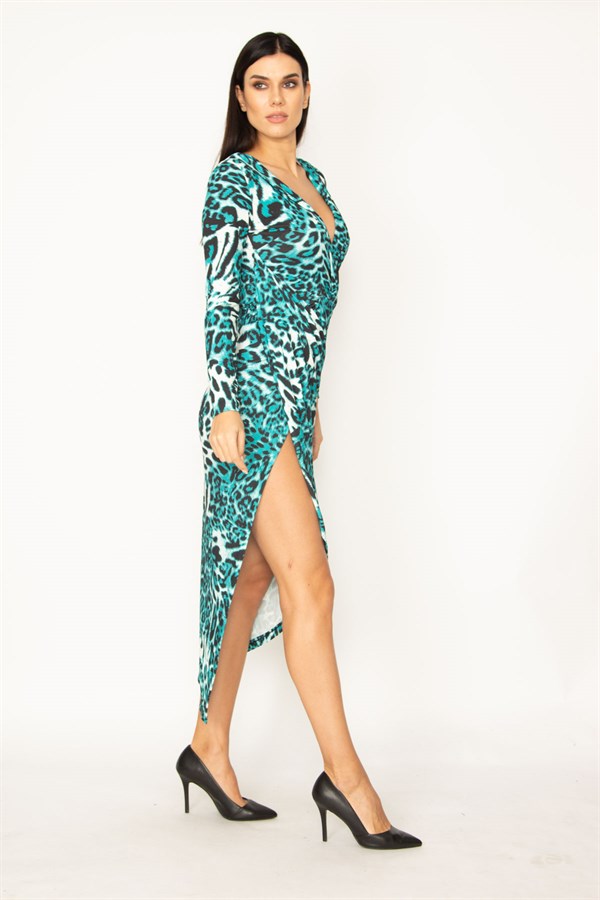 ROBE FENTE À IMPRIMÉ LÉOPARD VERT POUR FEMME