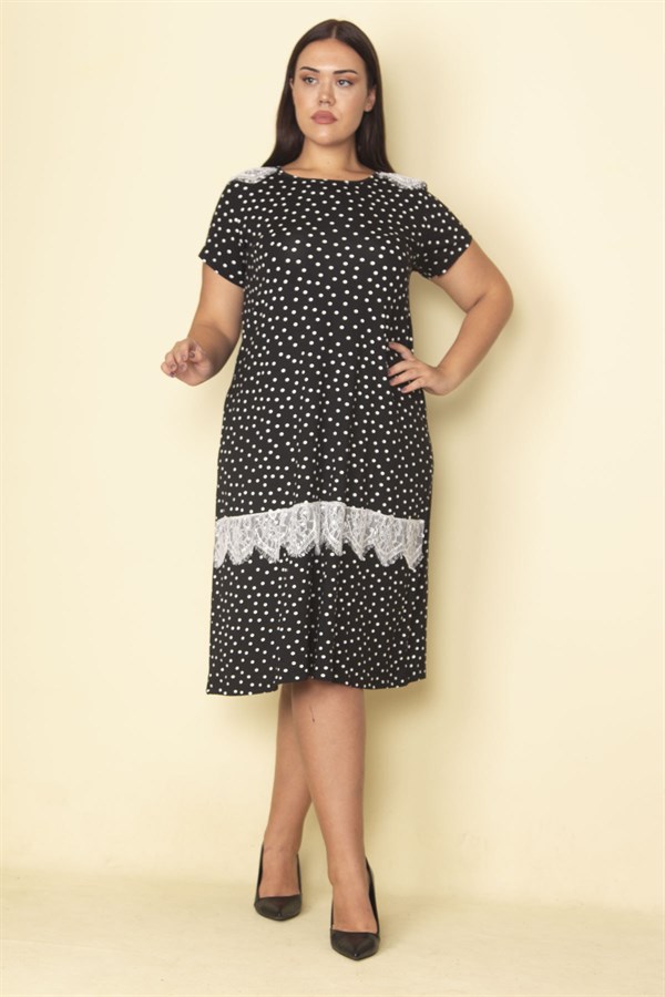 Kadın Siyah Puan Desenli Dantel Detaylı Dokuma Viskon Kumaş Elbise 65N28850