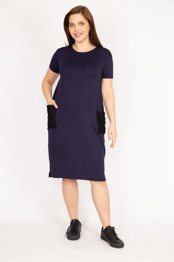 Kadın Lacivert Büyük Beden Cebi File Detaylı Kısa Kollu Viskon Elbise