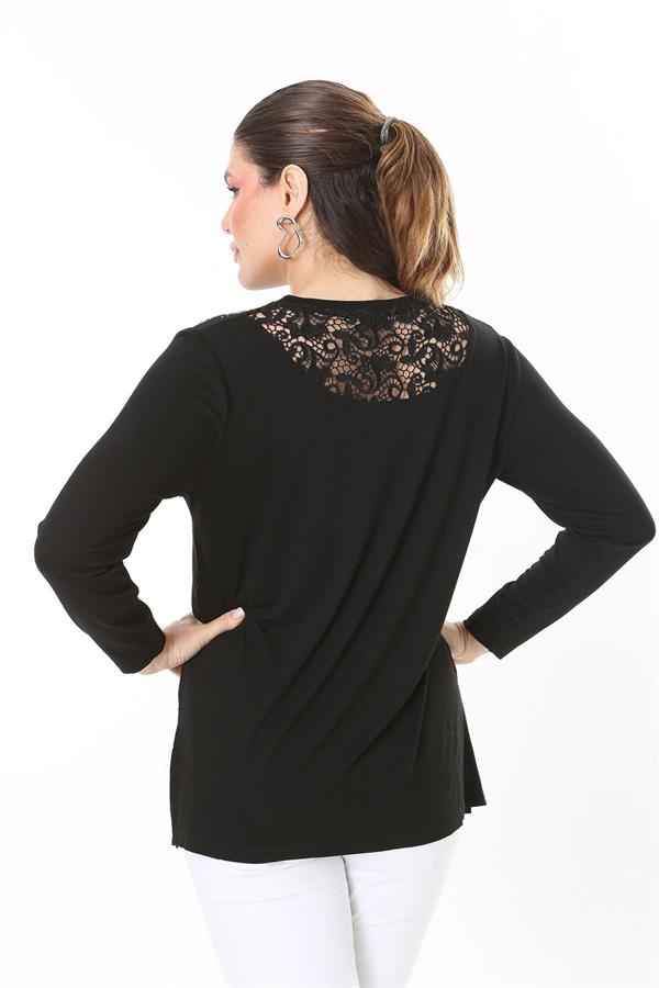 Kadın Büyük Beden Siyah Taş Ve Arka Robası Dantel Detaylı Uzun Kollu Bluz 65N37694