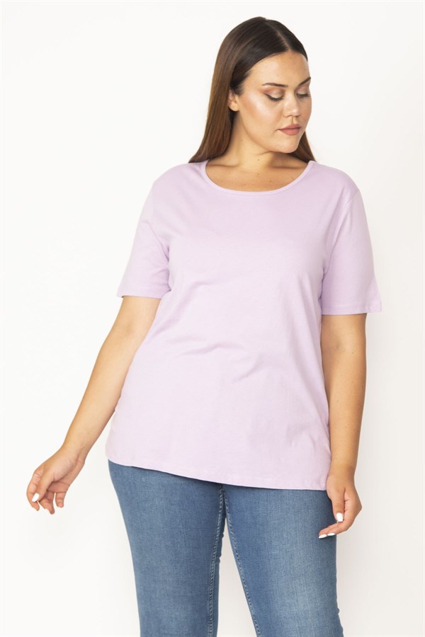Kadın Lila Pamuklu Kumaş Bisiklet Yakalı Kısa Kollu Bluz 65N29545