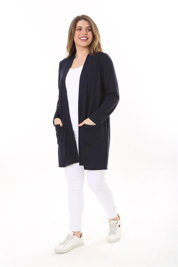 Kadın Büyük Beden Lacivert Ön Cepli Hırka 65N37600