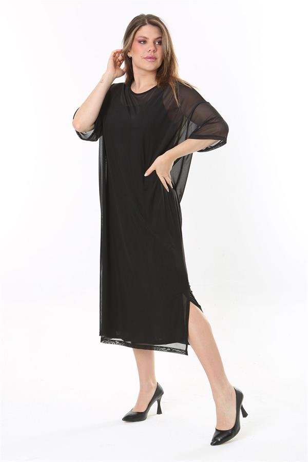 Kadın Büyük Beden Siyah İçi Askılı İki Parça Tül Elbise 65N37774
