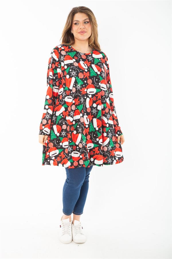 Kadın Büyük Beden Renkli Desenli Tunik Elbise 65N37413