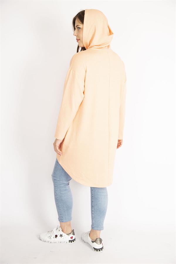 Kadın Somon Büyük Beden Payet Detaylı Kapşonlu Arkası Uzun Sweatshirt