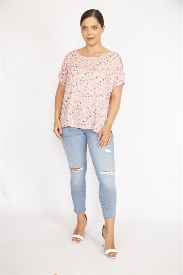 Kadın Pembe Büyük Beden Dokuma Viskon Kumaş Omuz Dekolteli Çiçek Desenli Bluz