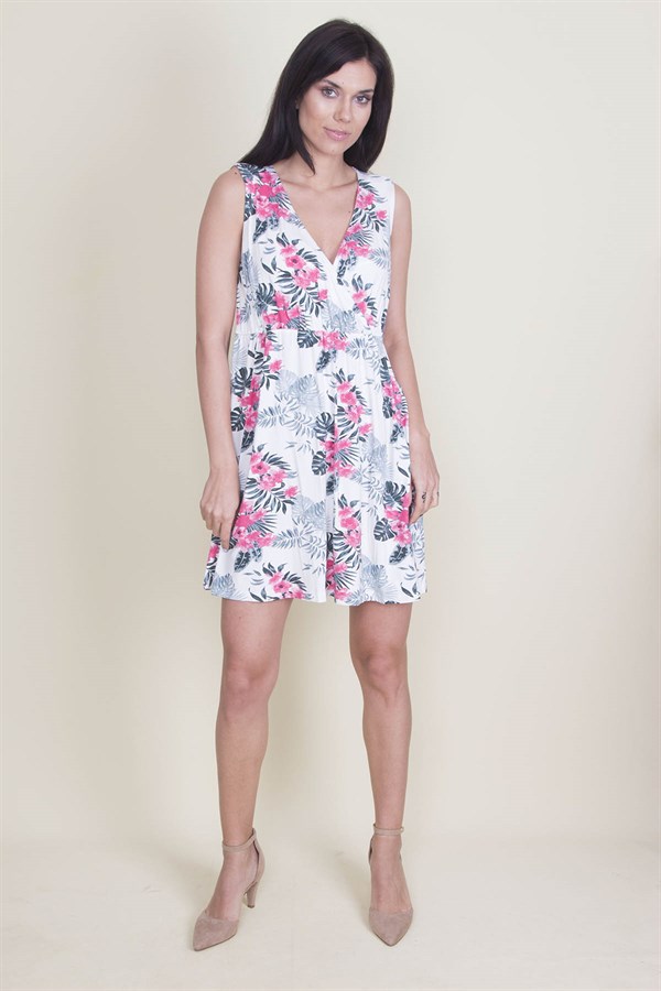 Bel Kısmı Lastik Detaylı Çiçek Desen Anvelop Yakalı Elbise