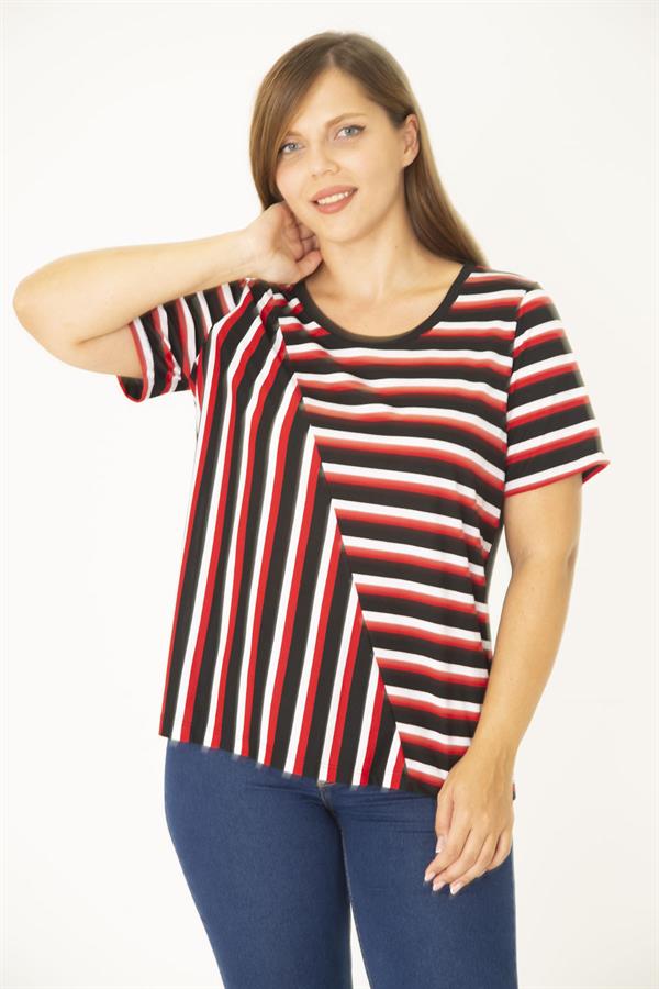 Kadın Büyük Beden Siyah Bisiklet Yakalı Çizgi Kombinli Bluz 65N36935