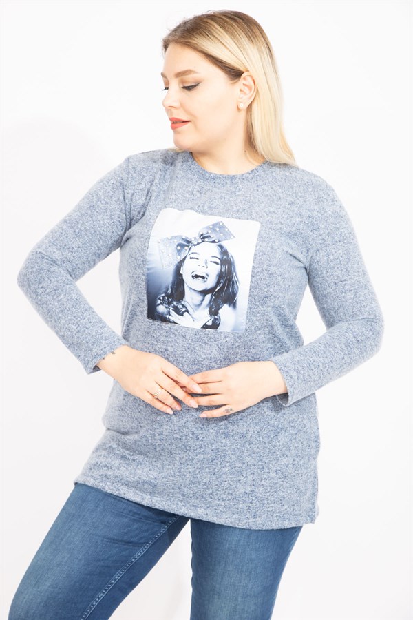 Kadın Mavi Yün Viskon Kumaş Aplike Ve Yan Yırtmaç Detaylı Tunik 65N35449