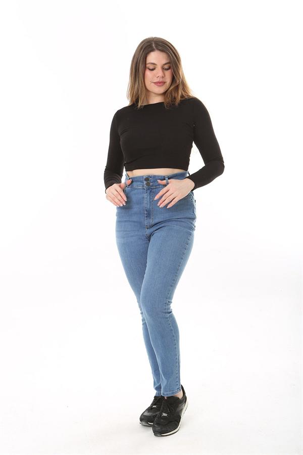 Kadın Büyük Beden Mavi Yüksek Bel Dar Paçalı Likralı 5 Cep Kot Pantolon 65N37642