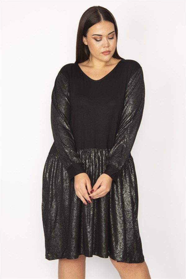 Kadın Siyah Etek Kısmı Ve Kolları Lak Detaylı Viskon Elbise 65N29932