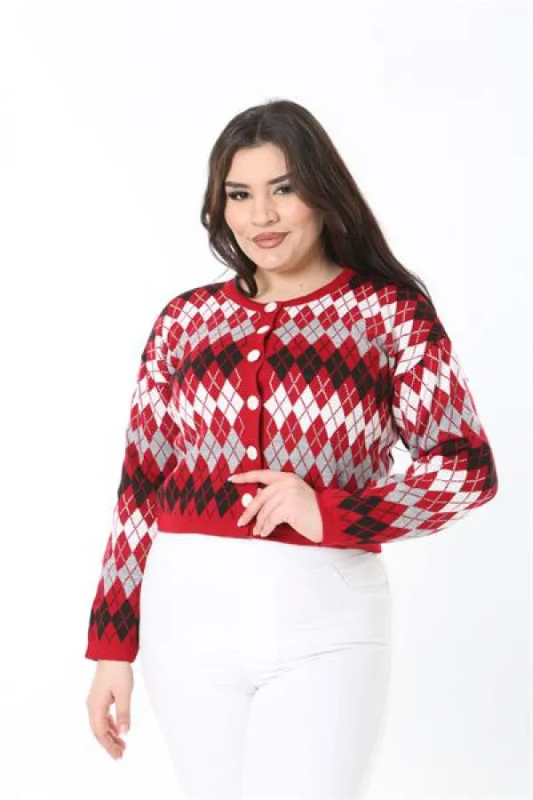 Kadın Büyük Beden Kırmızı Baklava Desen Ön Düğmeli Triko Hırka 65N38863