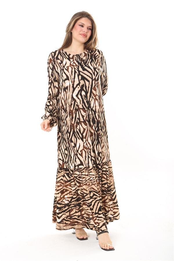 Kadın Kahve Dokuma Viskon Kumaş Eteği Katlı Uzun Kollu Elbise 65N37867