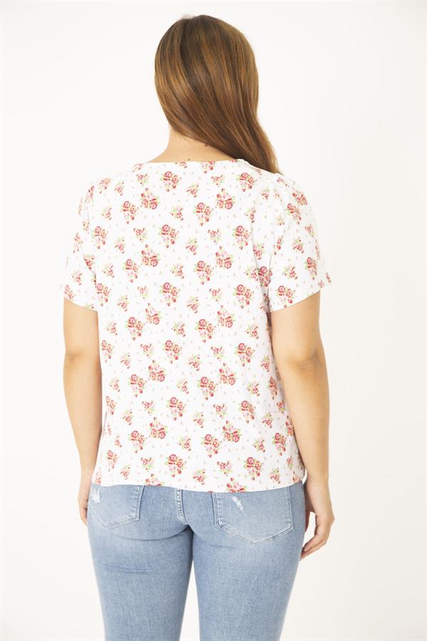 Kadın Büyük Beden Kemik Pamuk Kumaş Bisiklet Yakalı Desenli Bluz 65N36922