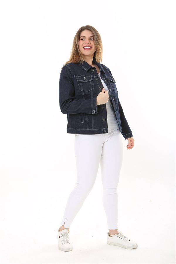 Kadın Büyük Beden Lacivert Ön Düğmeli Likralı Kot Mont 65N37576